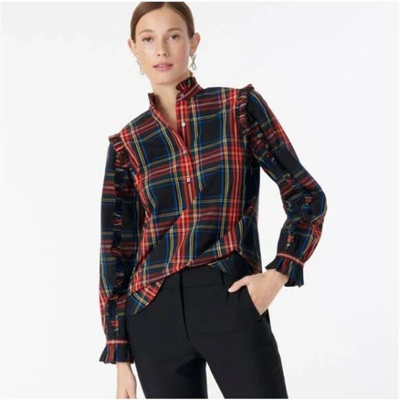 J. Crew Ruffle Popover Top in Stewart Plaid Size XS - Picture 1 of 9